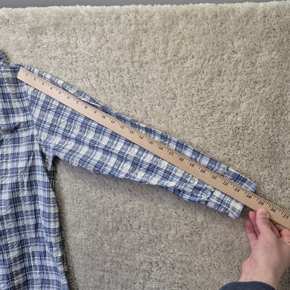 LL Bean Shirt Mens Medium Seersucker Plaid Blue Performance Coastal Beach Casual - Picture 7 of 8
